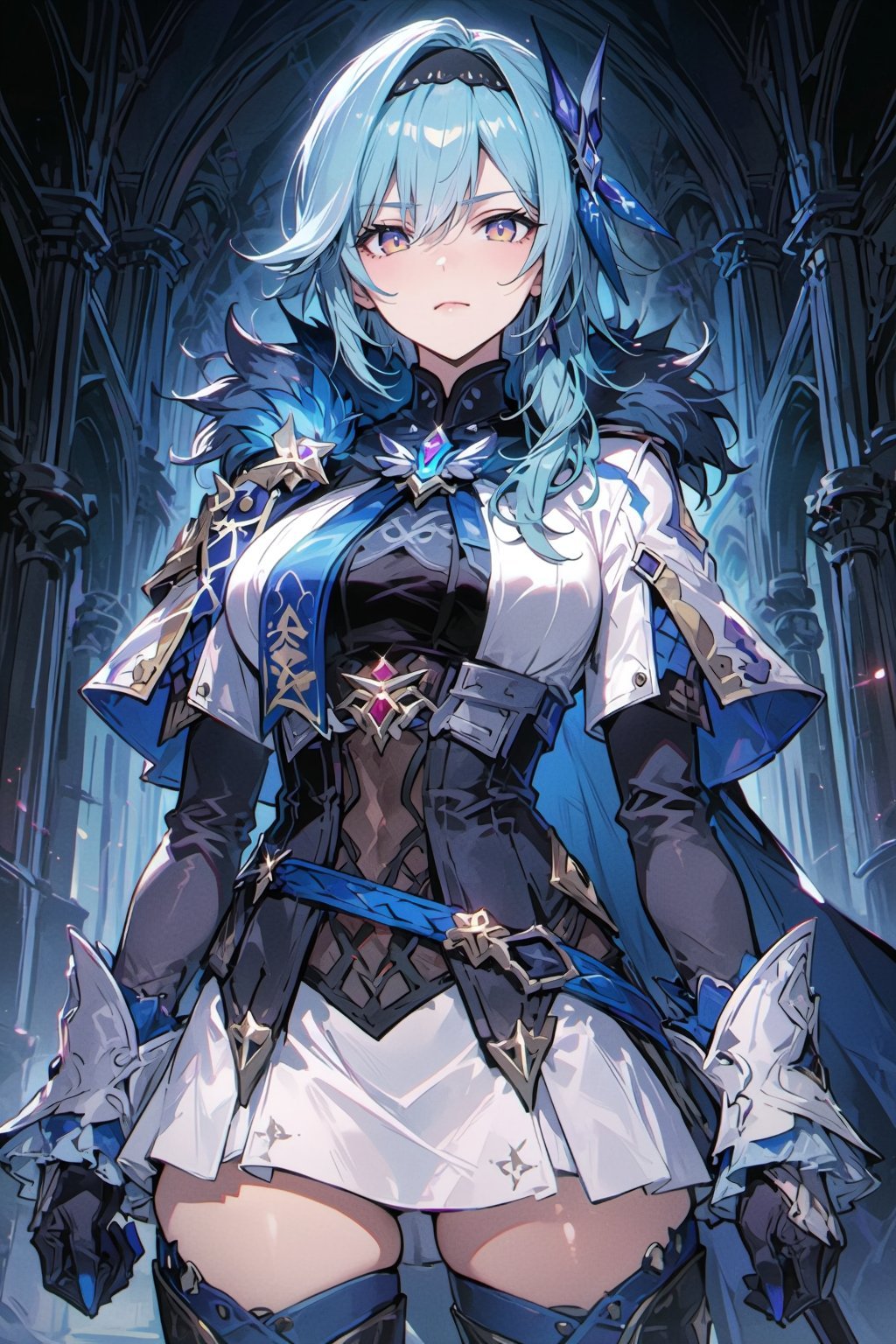 A vibrant anime-style digital drawing of a confident,  blue-haired woman in a detailed,  armored outfit with a white skirt...