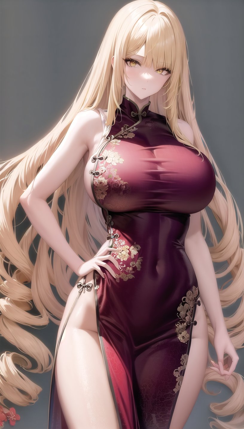 roseoriana-hairstyle,drill hair,yellow eyes,blonde hair, (china dress:1.28), lady,mature female,cowboy shot,(white background, simple background:1.08),highres,official art,original,masterpiece,best quality,(huge breasts),<lora:rose oriana2:0.8>