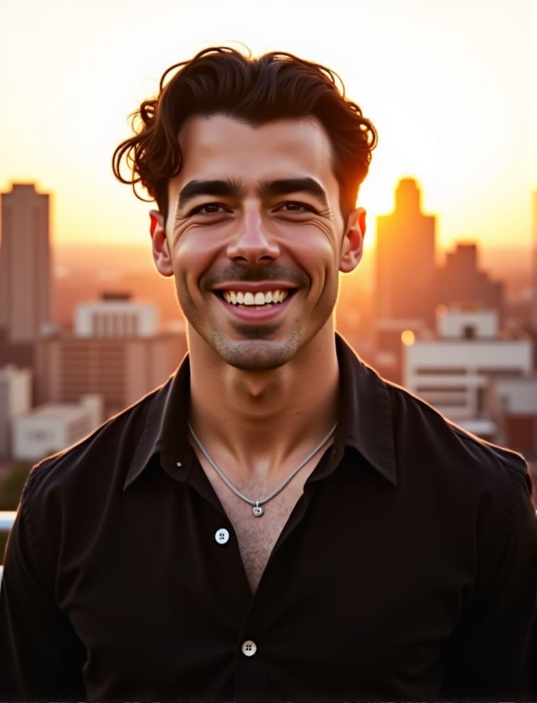 Joe Jonas ,  In the heart of a bustling city,  under the soft glow of a golden hour sunset by HottiesnHotties on Tensor.Art