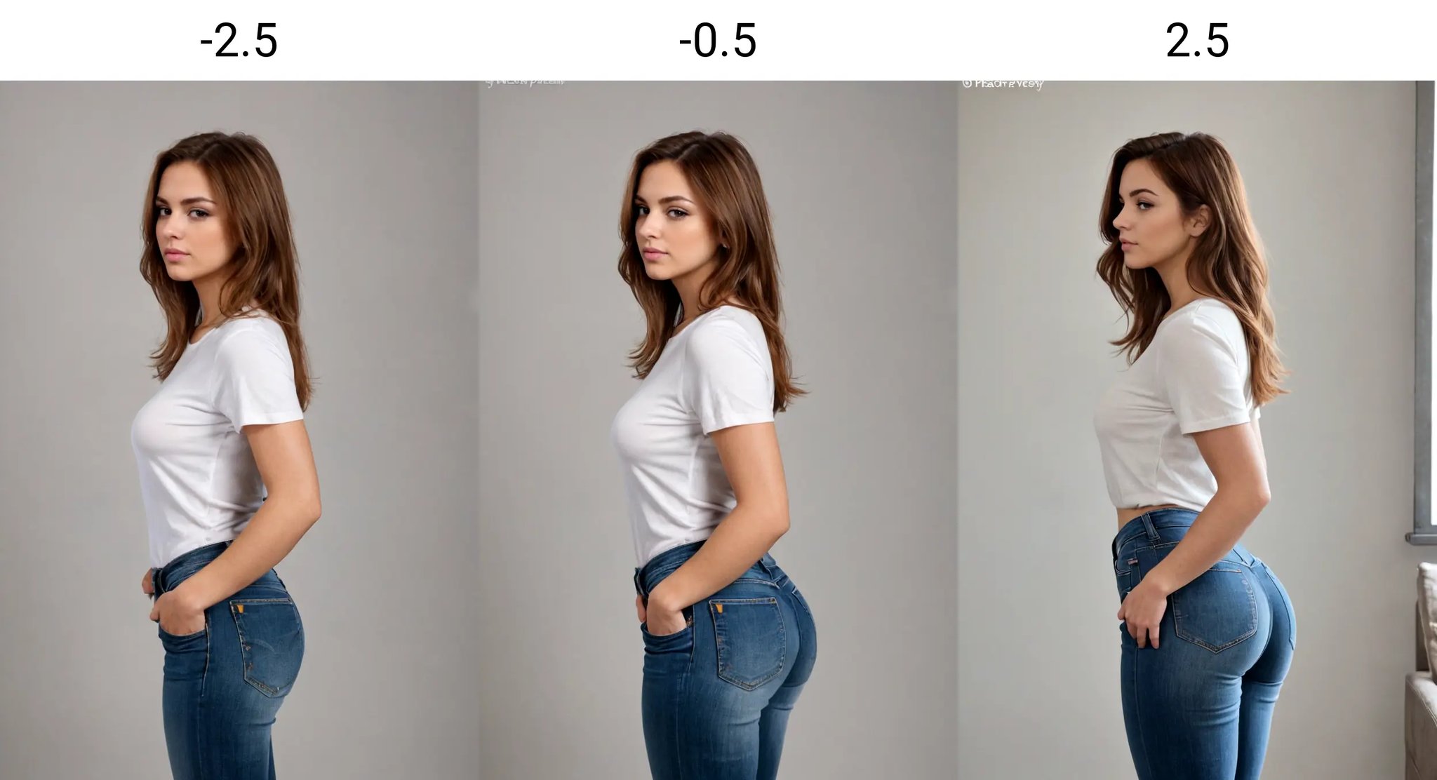 <lora:Bubble Butt_alpha1.0_rank4_noxattn_last:-2.5>, butt, woman, ((standing)), (jeans), ((looking at viewer)), brown medium hair, bubble butt, beautiful face, (((side view))), 