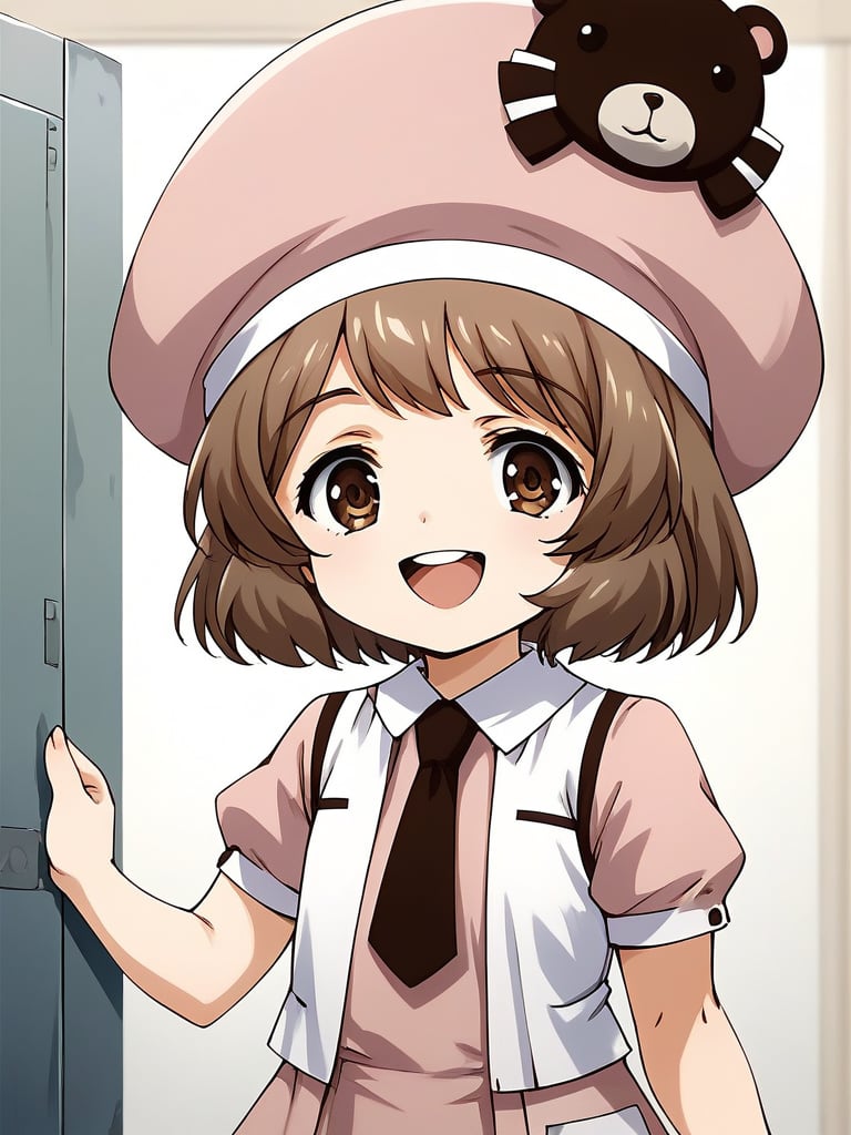 score_9, score_8_up, score_7_up, source_anime, rating_explicit, BREAK  <lora:Amatsuka_Sakura_Ver2.0_XL:1> AmatsukaSakura, brown hair, short hair, brown eyes, bangs, hat, chibi, smile, 1girl, solo, smile, open mouth, , upper body,  necktie, short sleeves, shirt, :d, pink shirt, puffy short sleeves, puffy sleeves, teeth, upper teeth only, pink headwearroom, flooring,