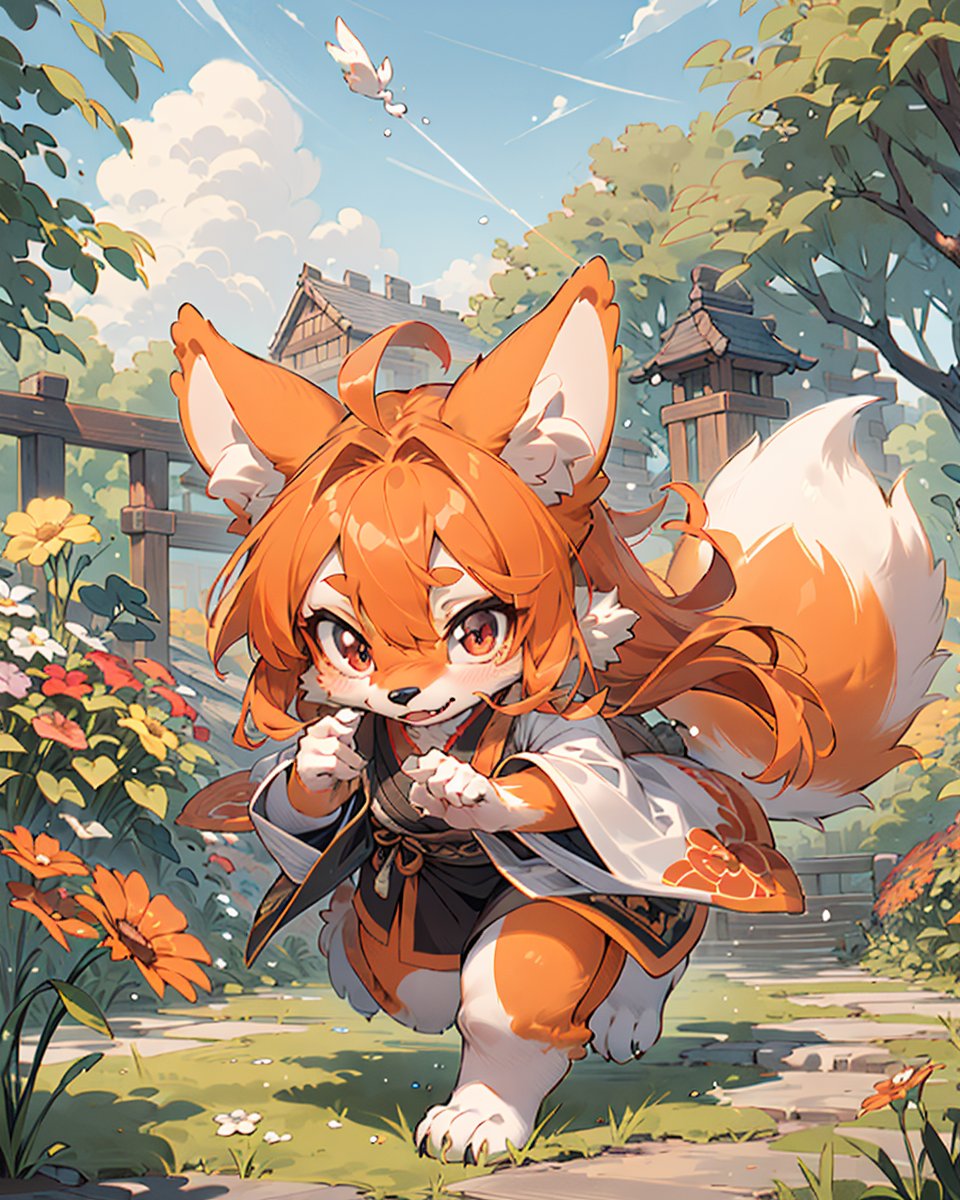 best hands,best quality,(masterpiece,ultra detailed 8k art),chibi, (Deformed,illustration),running,Fluffy,Anime style, (anthro, 1 girl,furry girl,drooping ears dog),out door, chinese clothes,orange long hair, (orange drooping ears),(drooping ears:1.2), orange tail, red eyes,flower garden