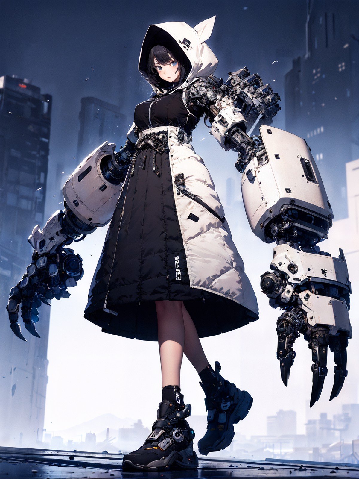 absurdres, highres, ultra detailed, (1girl:1.4),oversized hooded jacket, skirt,gigantic mechanical arms,dynamic pose, <lora:MechanicalArms:0.7>