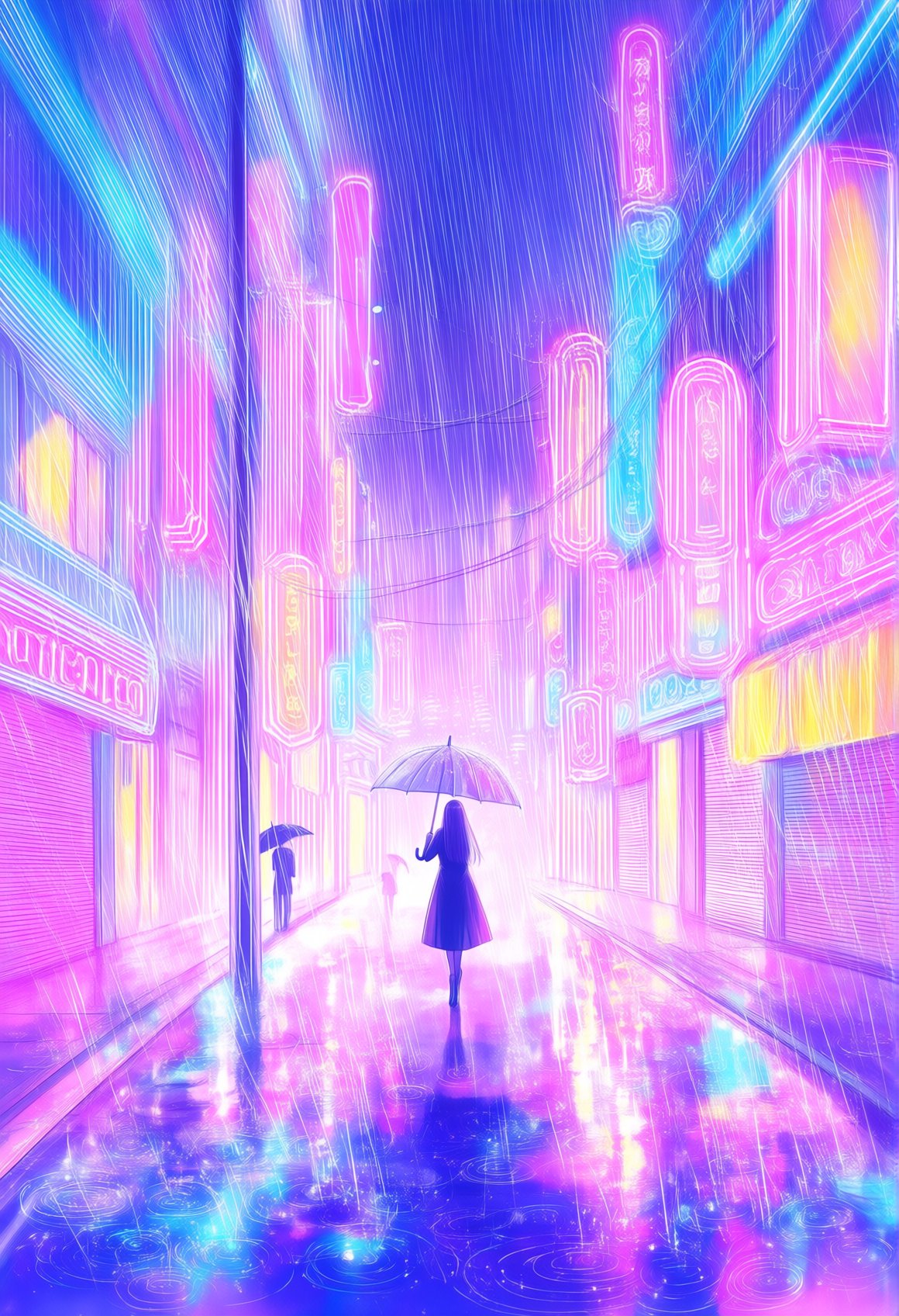 lumenstyle,  a rain-soaked neon street at night,  a lone figure with a clear umbrella by Alex on Tensor.Art