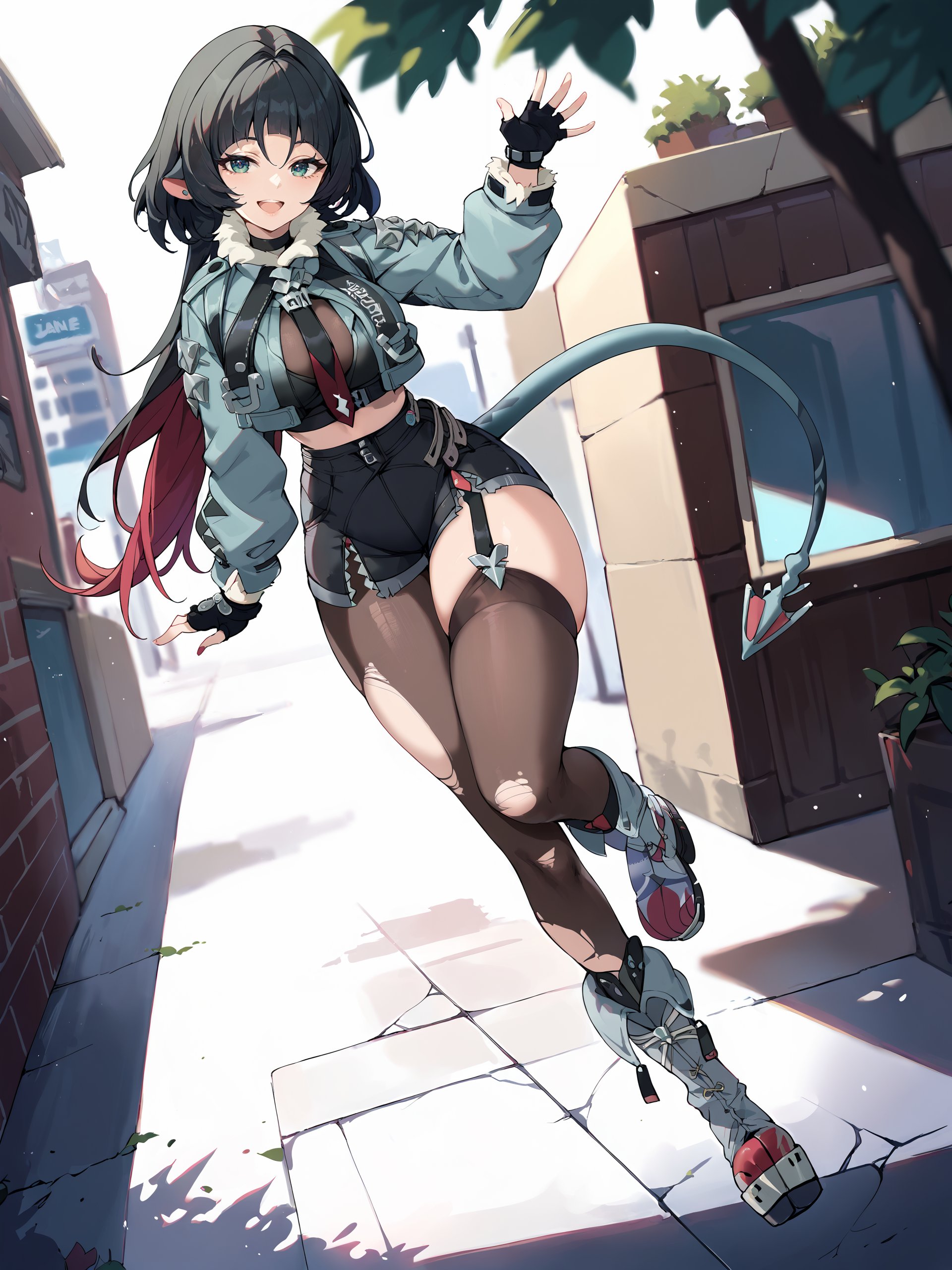 1girl, jane doe \(zenless zone zero\), fingerless gloves, black shorts, tail, cropped jacket, single garter strap, single leg pantyhose, single thighhigh, necktie, long hair, looking at viewer, smiling, open mouth, street, outdoors, depth of field, standing on one leg, waving, full body, platform boots <lora:Char-ZZZ-JaneDoe-V1-Pony:1> score_9, score_8_up, score_7_up, source_anime  