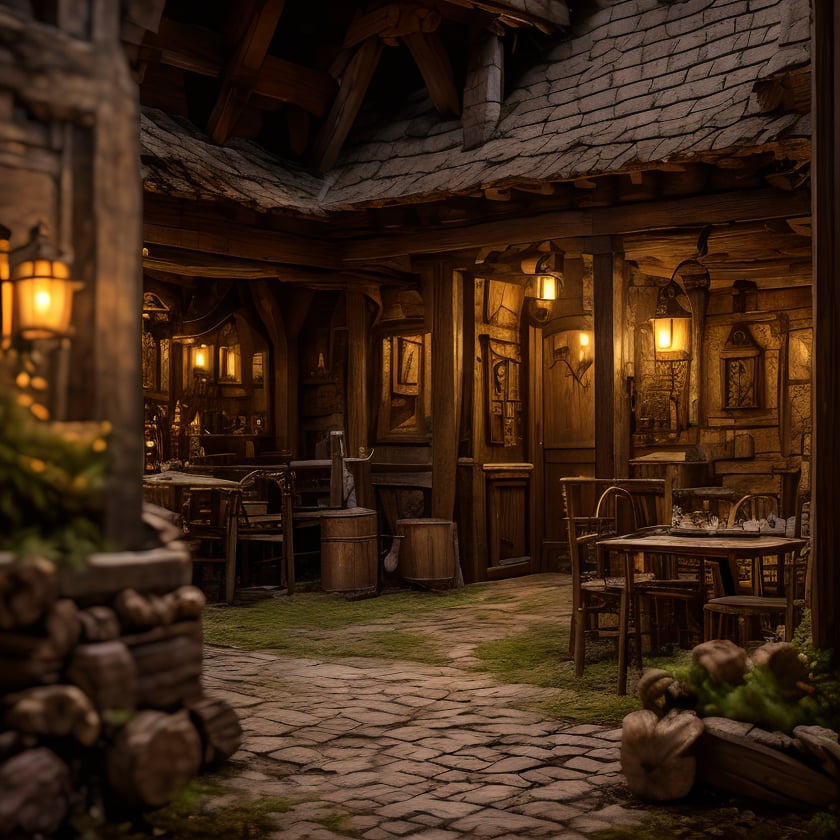 (masterpiece:1.2), (best quality,:1.2), 8k, HDR, ultra detailed, ((photorealistic)), perfect anatomy, professional light, cinematic lighting, fashion photography, ambient lighting,<lora:detail_slider_v4:3>, outside a medieval fantasy tavern, old house, dark and sinister mood, <lora:FantasySettlement-10:1>, epiCPhoto