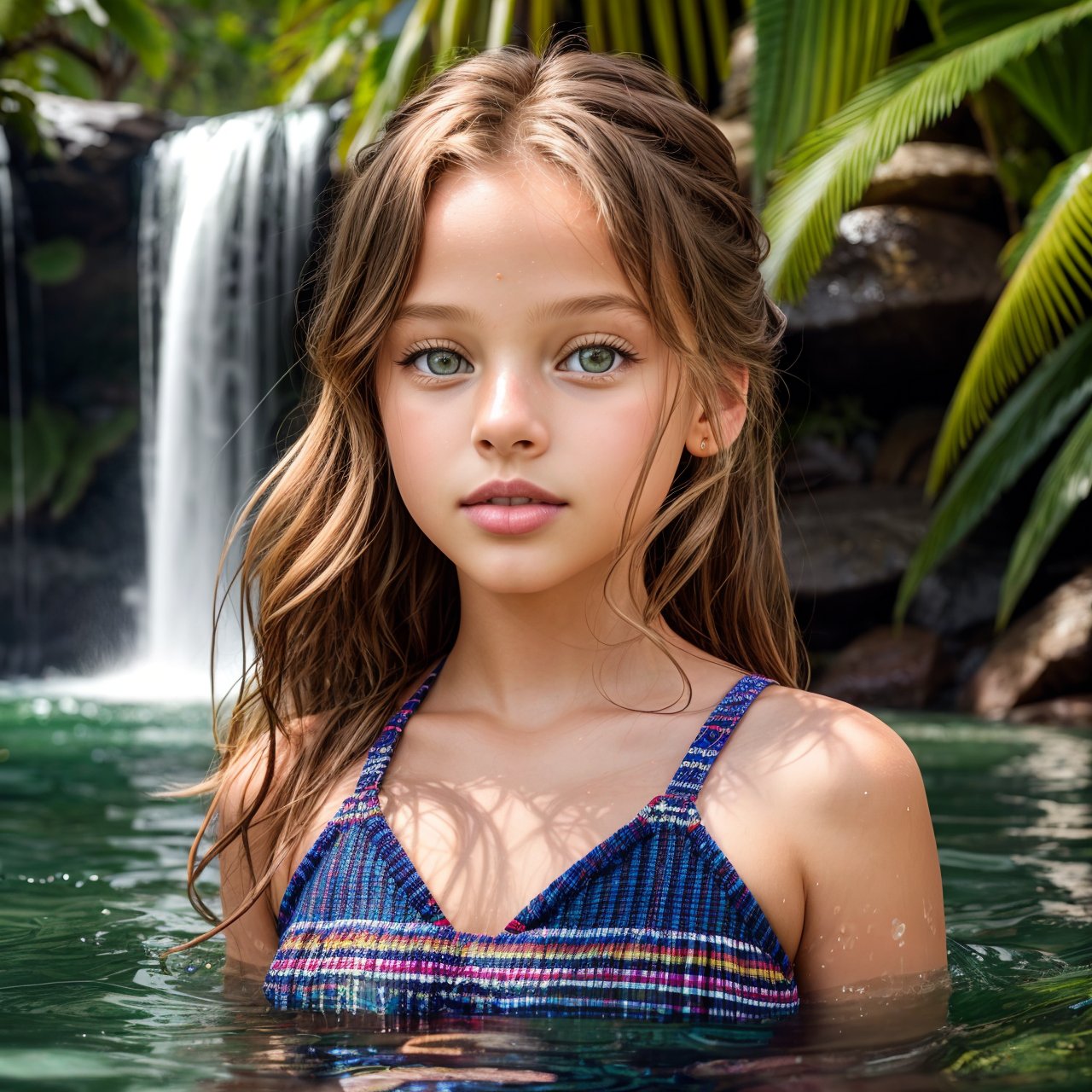 SFW, extra resolution, distant short, full body portrait of charming (AIDA_LoRA_apv2020:1.13) <lora:AIDA_LoRA_apv2020:0.83> in a bathsuit in a tropical garden in front of a waterfall, water, wet, sunlight, outdoors, little girl, pretty face, naughty, cinematic, hyper realistic, studio photo, (studio photo:1.3), kkw-ph1, hdr, f1.8, (colorful:1.1)