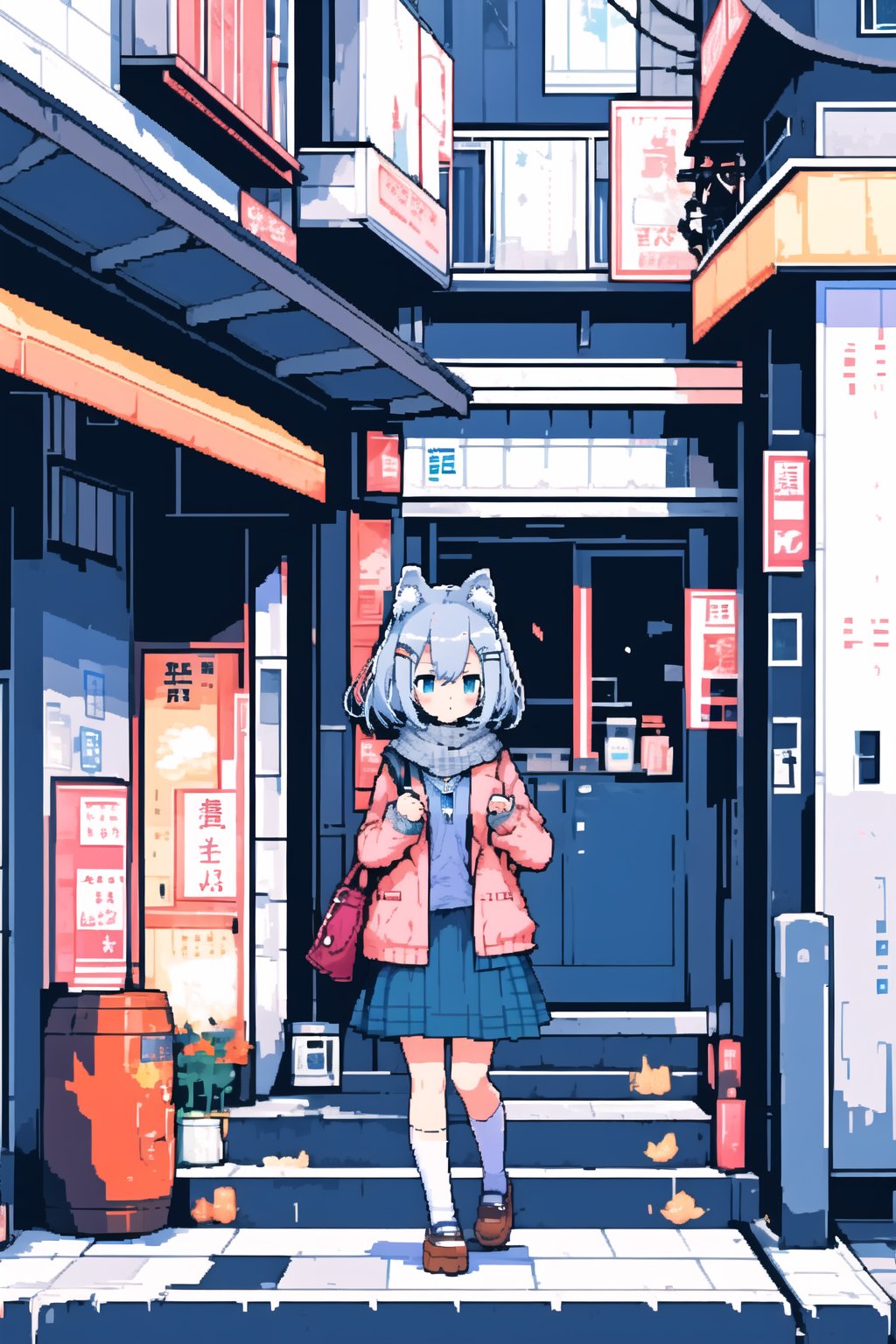 1girl,shiroko,skirt,animal ears,blue scarf,solo,jacket,bag,plaid,grey hair,white shirt,school uniform,socks,hair ornament,white socks,blue eyes,<lora:Pixel Art1.1:0.8>,