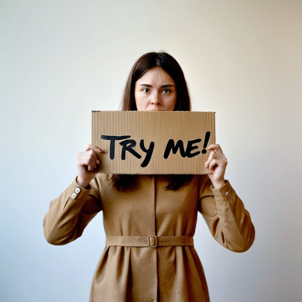 Woman holding cardboard TEXT:  TRY ME