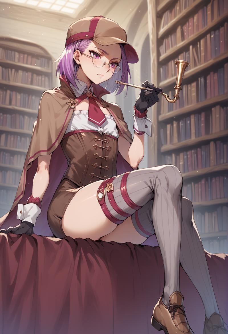 1girl, purple hair, short hair, purple eyes, brown baseball cap, brown capelet, gloves, wrist cuffs, white shirt, red necktie, corset, brown skirt, grey thighhighs, brown footwear , glasses, thigh strap, sitting, library, holding pipe, <lora:Meduseless:1> flat chest <lora:Helena_XL:1>, score_9, score_8_up, score_7_up, score_6_up, score_5_up, score_4_up, (m-da s-tarou:0), masterpiece