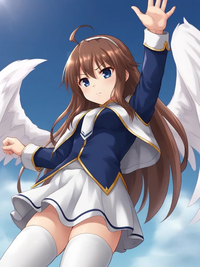 <lora:ceciliatmdspony:0.8>1girl, solo, ceciliamiteids, brown hair, long hair, blue eyes, white hairband, ahoge, blue shirt, long sleeves, white capelet, white necktie, white skirt, white thighhighs, angel wings, sky, clouds, flying, jumping, from below, outstreched wings, looking at viewer, serious, holding, sword