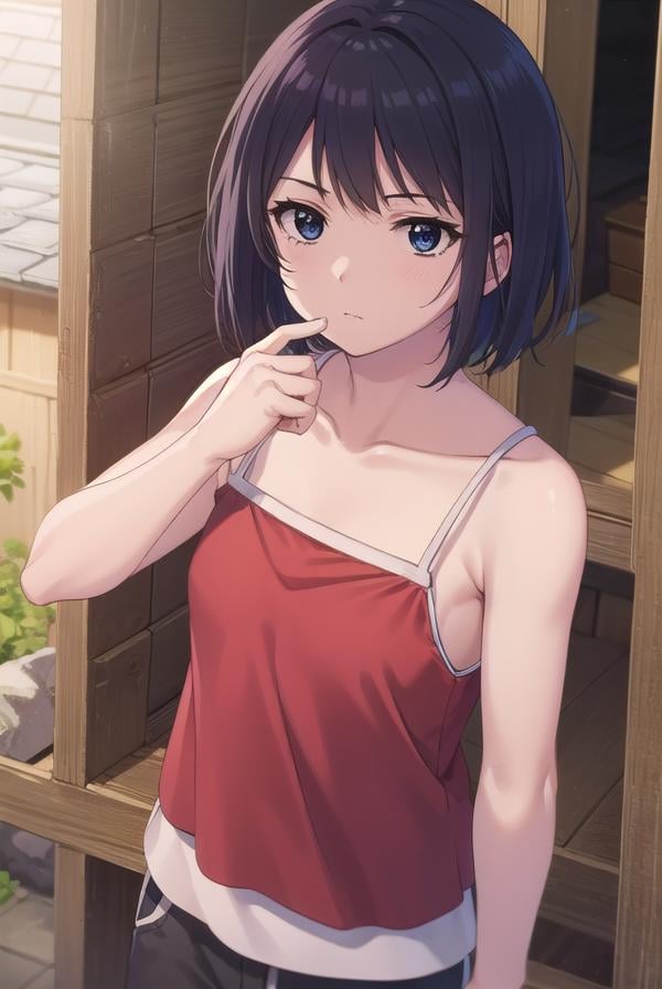 keikosanjou, <lora:keiko sanjou s1-lora-nochekaiser:1>,keiko sanjou, short hair, black hair, (black eyes:1.5),BREAK shorts, black shorts, camisole, bare shoulders, collarbone, (red camisole:1.5),BREAK outdoors, shrine,BREAK looking at viewer, (cowboy shot:1.5),BREAK <lyco:GoodHands-beta2:1>, (masterpiece:1.2), best quality, high resolution, unity 8k wallpaper, (illustration:0.8), (beautiful detailed eyes:1.6), extremely detailed face, perfect lighting, extremely detailed CG, (perfect hands, perfect anatomy),