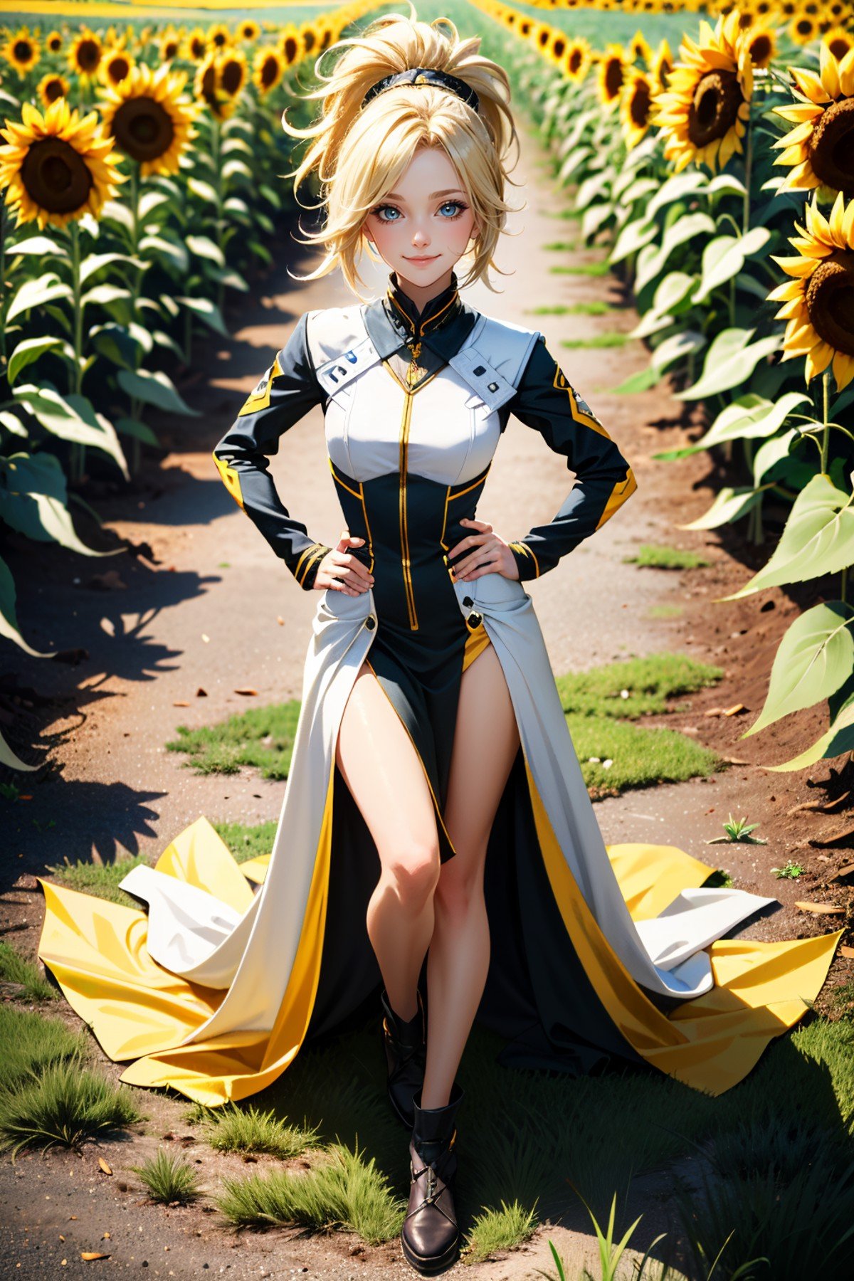 ((ultra detailed, masterpiece, absurdres))<lora:OMercy:0.8>OMercy, 1girl, blonde hair, ponytail, looking at viewer, surrounded by sunflowers in a bright field, smiling, with hands on hips, sitting, full body