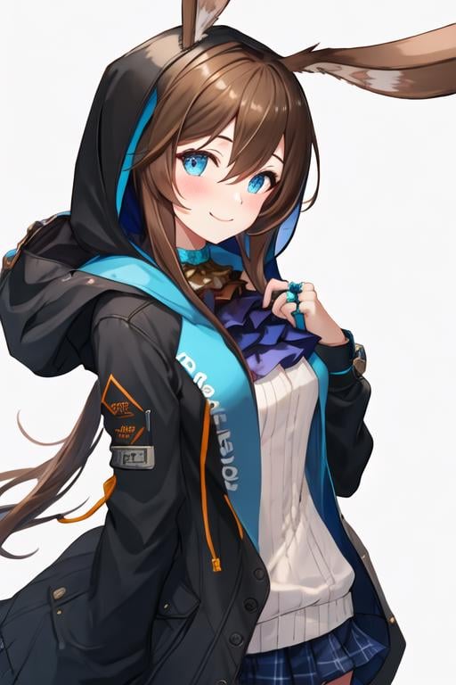 best quality, masterpiece, highres, solo, {amiya_arknights:1.15}, animal_ears, brown_hair, rabbit_ears, long_hair, bangs, blue_eyes, hair_between_eyes, sidelocks, jewelry, closed_mouth, ring, upper_body, ascot, ponytail, blush, 1girl, black_jacket, hood, hooded_jacket, jacket, long_sleeves, looking_at_viewer, open_clothes, open_jacket, hood_down, multiple_rings, shirt, thumb_ring, white_shirt, simple_background, white_background, blue_ascot, smile, very_long_hair