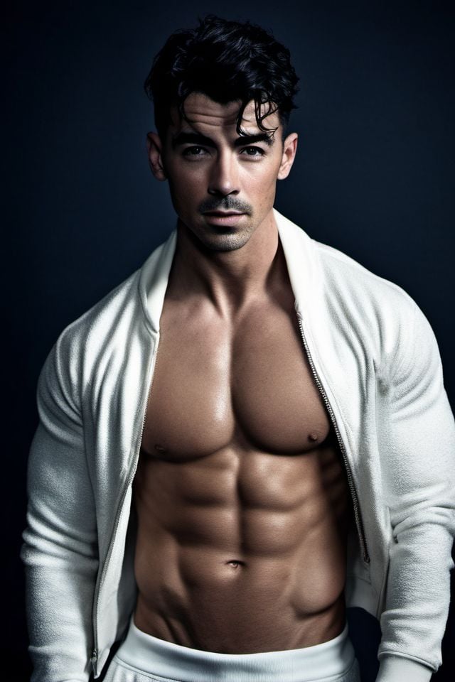 Joe Jonas a man ,  realistic photo in a worn ((skin-revealing skimpy erotic white tracksuit,  massive hairy pecs)) by Hott...