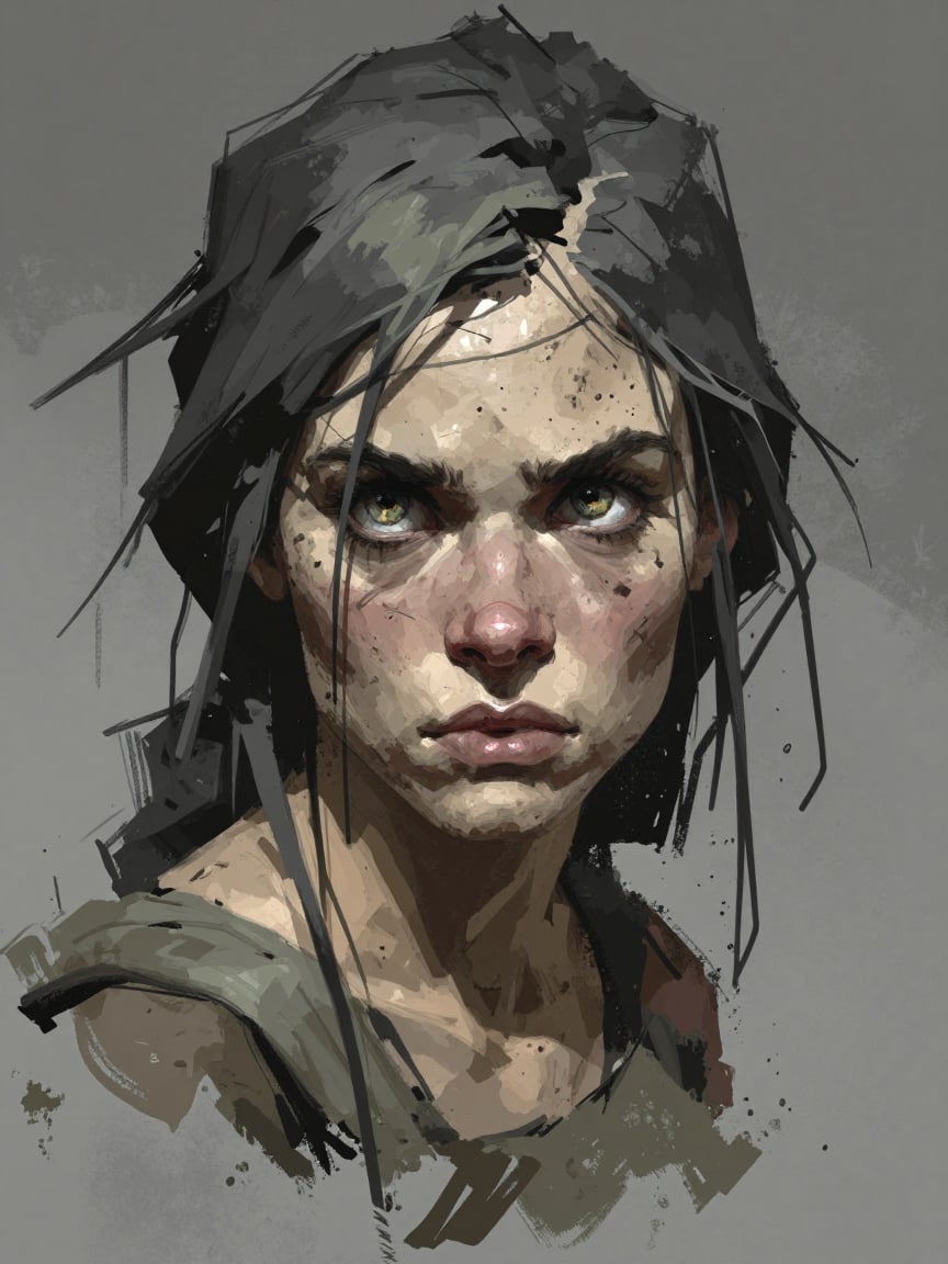 Bradhamel art style. In this hauntingly intimate cinematic close-up,  we are drawn into the piercing gaze of a woman whose...