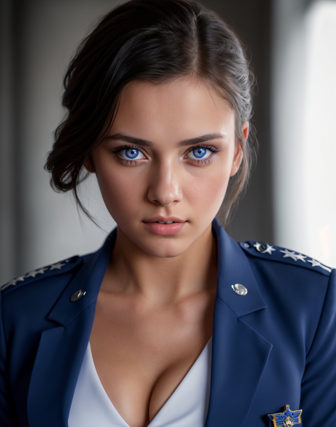 1girl, United States Air Force Dress Blues, cleavage, professional photo, perfect eyes, highly detailed beautiful expressive eyes, detailed eyes,  (8k, RAW photo, best quality, depth of field, ultra high res:1.2), intricate, photorealistic, masterpiece, ultra-detailed), crisp, vivid lighting