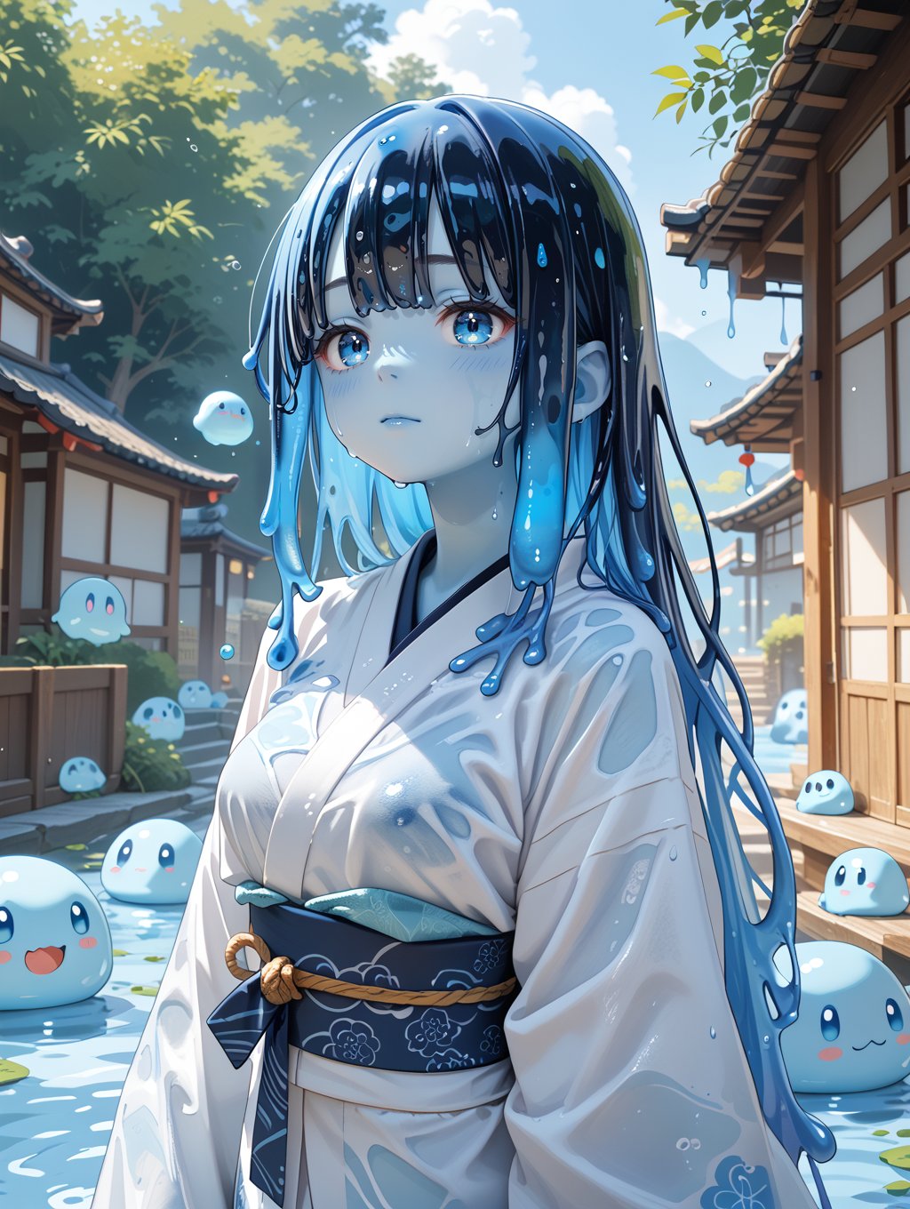 score_9, score_8_up, score_7_up,1girl,(expressive eyes), Nureonago, colored skin, pale blue skin, blue slime, varied slime texture, black slime, slime hair, long hair, gradient hair, black hair to blue hair, wet clothing, kimono