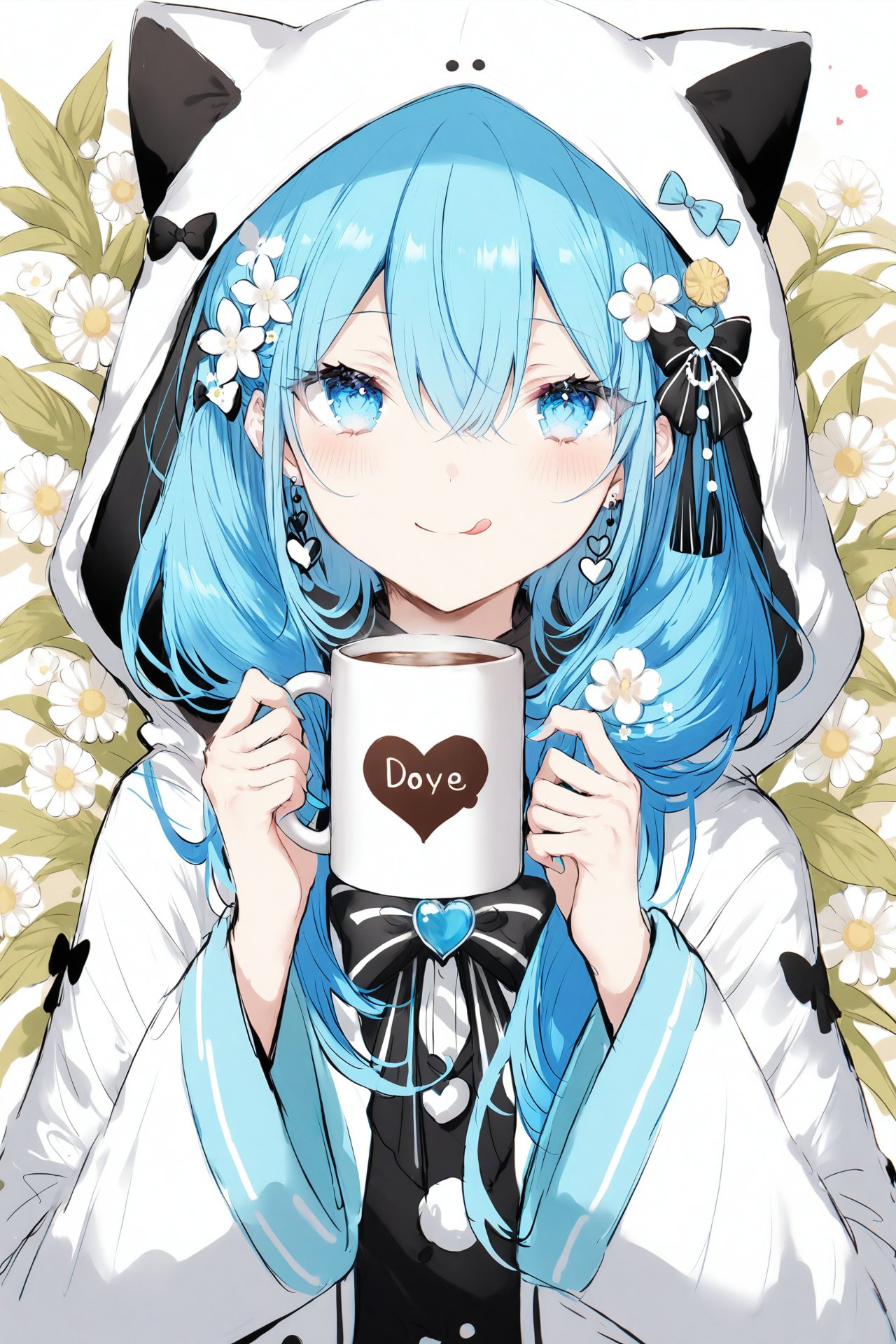 Artist Noyu,1girl,solo,holding,tongue out,hood,animal hood,cup,hair ornament,tongue,hood up,holding cup,long sleeves,mug,long hair,flower,looking at viewer,black bow,white jacket,nail polish,bow,blush,upper body,food,closed mouth,wide sleeves,animal ears,smile,blue nails,hair between eyes,fake animal ears,:q,earrings,hands up,jacket,hooded jacket,heart,white flower,hair flower,jewelry,blue hair,cat hood,frills,