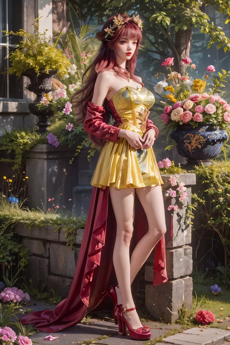 1girl,dress,high heels,long hair,solo,flower,looking at viewer,jewelry,hair ornament,necklace,red lips,purple footwear,pink flower,bare shoulders,full body,blue footwear,facial mark,knees together feet apart,butterfly hair ornament,short dress,petals,bare legs,makeup,curtains,halterneck,(stockings:1.2),Jay Nature,Trees,Forests,Animals,Flowers,Reality,Masterpiece,best quality,official art,extremely detailed CG Unity 8k wallpaper,<lora:20230926-1695663803691:0.3>,<lora:炫彩V1:0.3>,hiqcgbod,outdoors,(see-through:1.3),(bandeau:1.2),(big breasts:1.2),(yellow, green dress),between_legs,(hands in pockets:1.4),red hair,<lora:梦红尘 (4):0.65>,sitting,