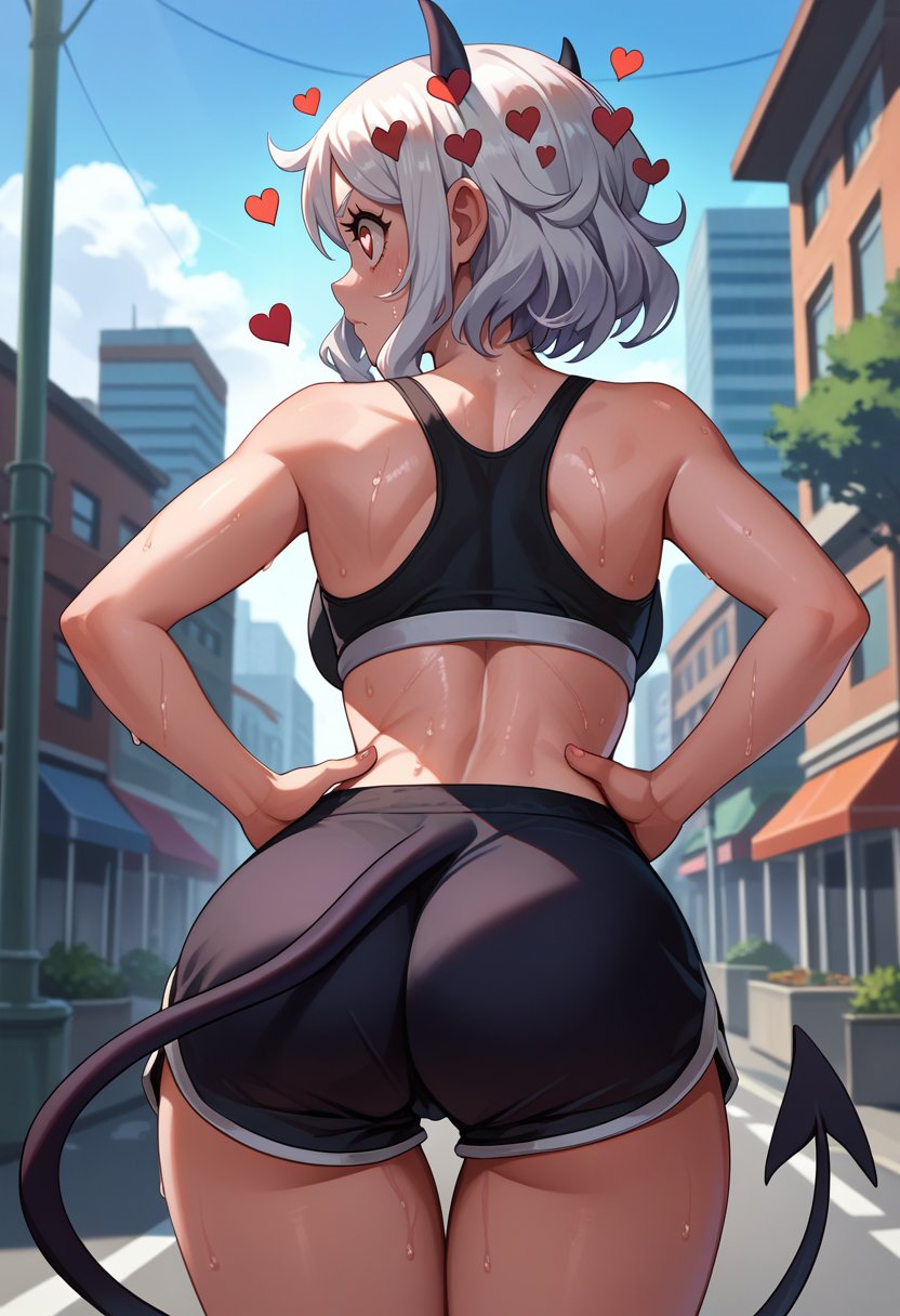 score_9, score_8_up, score_7_up, source_anime, from behind, solo, 1girl, htmodeus, sweat, expressionless, looking back, hands on own hips, black horns, demon horns, heart-shaped pupils, black sports bra, black shorts, short shorts, demon tail, ass, outdoors, city street <lora:helltaker_modeus_ponyXL:1>