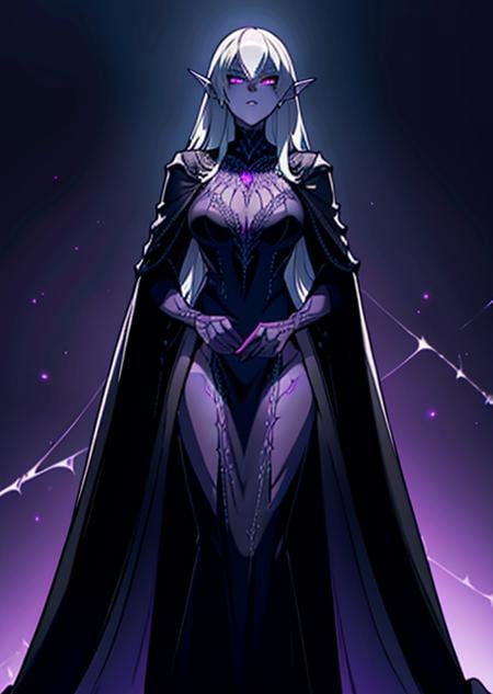 `(1 female, adult, dark elf), long, silver hair, violet eyes, adorned in a spider-silk gown with spider motif, standing before a massive, intricate spider web in a shadowy underdark cavern, realistic, fantasy setting, high resolution, detailed, color <lora:DarkElf_V3:1>`