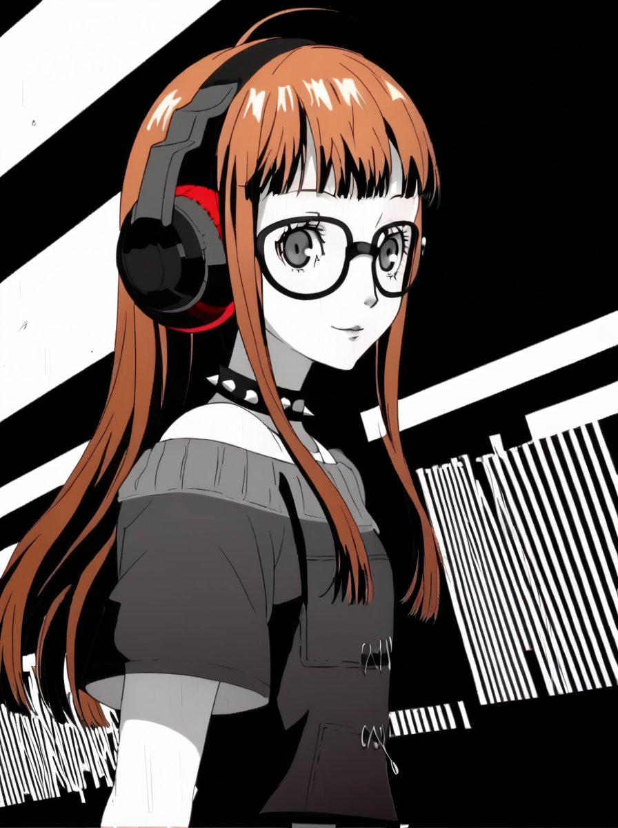 detailed background, shiny skin, rating safe, <lora:persona5.pony:1>,persona5, futaba, monochrome, grey scale, 