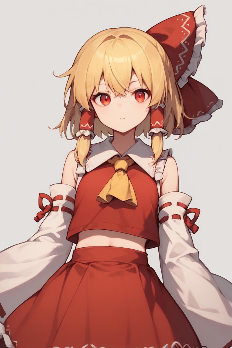 score_9, score_8_up, score_8, score_9, 1 girl, source_anime, blonde hair, red eyes, red ascot, hair ribbon, rumia, <lora:rumia_pony-10:1>,   miko, hakurei reimu \(cosplay\),  red shirt, detached sleeves, red skirt, white sleeves, hair tubes