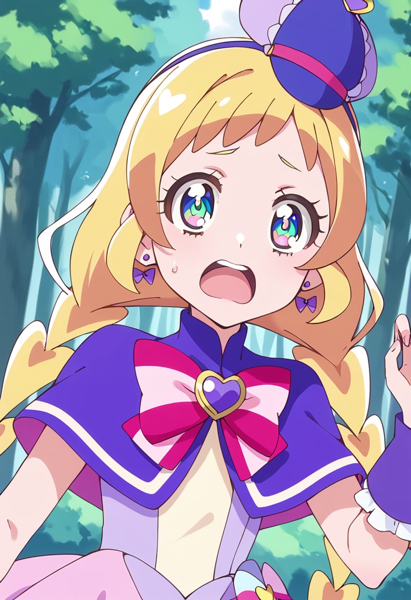 score_9, score_8_up, score_7_up, source_anime, BREAKcure friendy, 1girl, blonde hair, solo, earrings, open mouth, long hair, wrist cuffs, tree, looking at viewer, witch hat, blue eyes, teeth, outdoors, upper body, multicolored eyes, capelet, sweatdrop, day, upper teeth, bowtie, purple headwear, purple capelet, blue headwear, forest, purple bow, anime coloring, hair bow, striped bow, shiny hair, top hat, bangs, pink bow, aqua eyes, claw pose, portrait, scared, close-up, multicolored neckwear, mini witch hat, ribbon, green eyes, eyelashes, short sleeves, surprised, nature, low twintails, hand up, striped neckwear, frills, sweat, blue sky, hat bow, pink neckwear, sailor hat, blue bow, face, d:, round teeth, blurry background, bow earrings, heart earrings, pink headwear, cloud, :o, wide-eyed, frilled sleeves, heart brooch, twin braids, multicolored bow, deerstalker, dot nose, hat ornament, purple dress, upper teeth only, tilted headwear, dress bow, pouch, low twin braids, gradient eyes, purple eyes, pink eyes, frown<lora:cure_friendy_inukai_iroha_sdxl_locon_pony_v1:0.7>