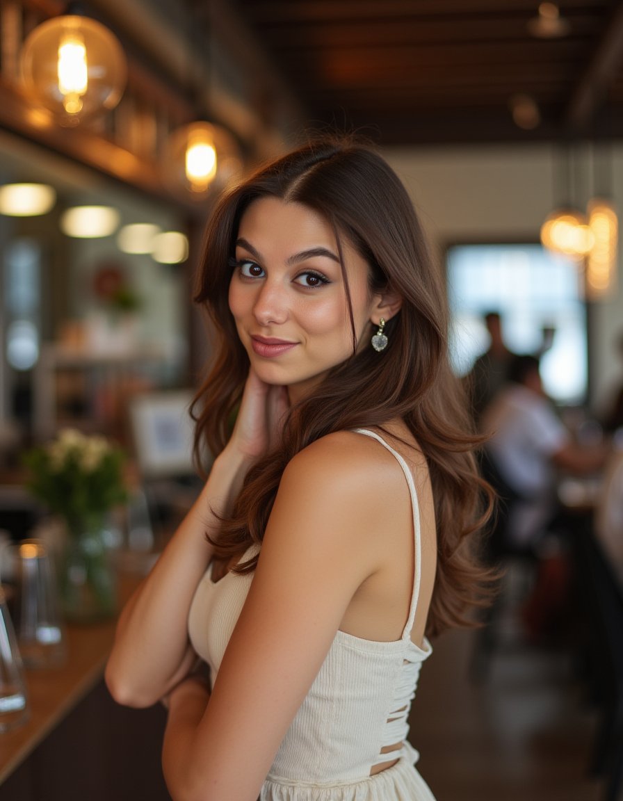 This a a beautiful photograph of a women standing in a cafe,  subtle smile. looking at the viewer. brown hair cascading ov...