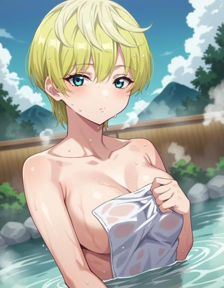 score_9, score_8_up, score_7_up, source_anime,tenkaizumo, <lora:tenka-izumo-s1-ponyxl-lora-nochekaiser:1>tenka izumo, short hair, blue eyes, blonde hair,nude, naked, outdoors, onsen, towel, naked towel, steam, bathing, nude cover, partially submerged, water, bath, steam censor, wet towel,looking at viewer, cowboy shot, dutch angle, solo,