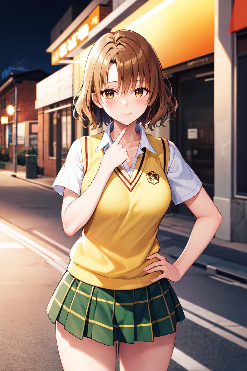 masterpiece, best quality, highres, 1girl, solo, short hair, brown hair, brown eyes, breasts, collarbone, school uniform, collared shirt, white shirt, sweater vest, (yellow vest:1.1), short sleeves, plaid skirt, green skirt, <lora:momioka_risa_v1:0.7>, night, standing, street, hand on hip, city