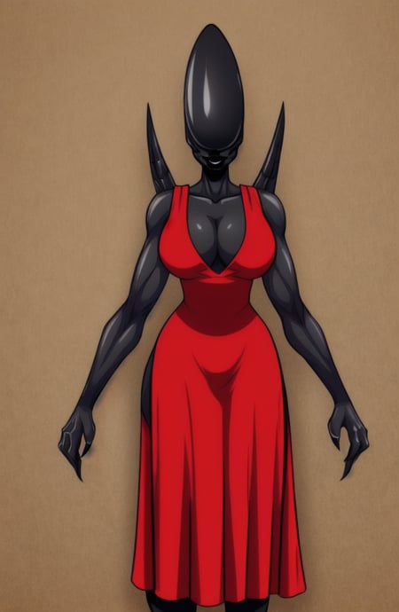 masterpiece, best quality, 1girl, solo, xeno, monster girl, no eyes, upper  body,  looking at viewer, curvy, milf,  black lips, thick lips, happy, red dress