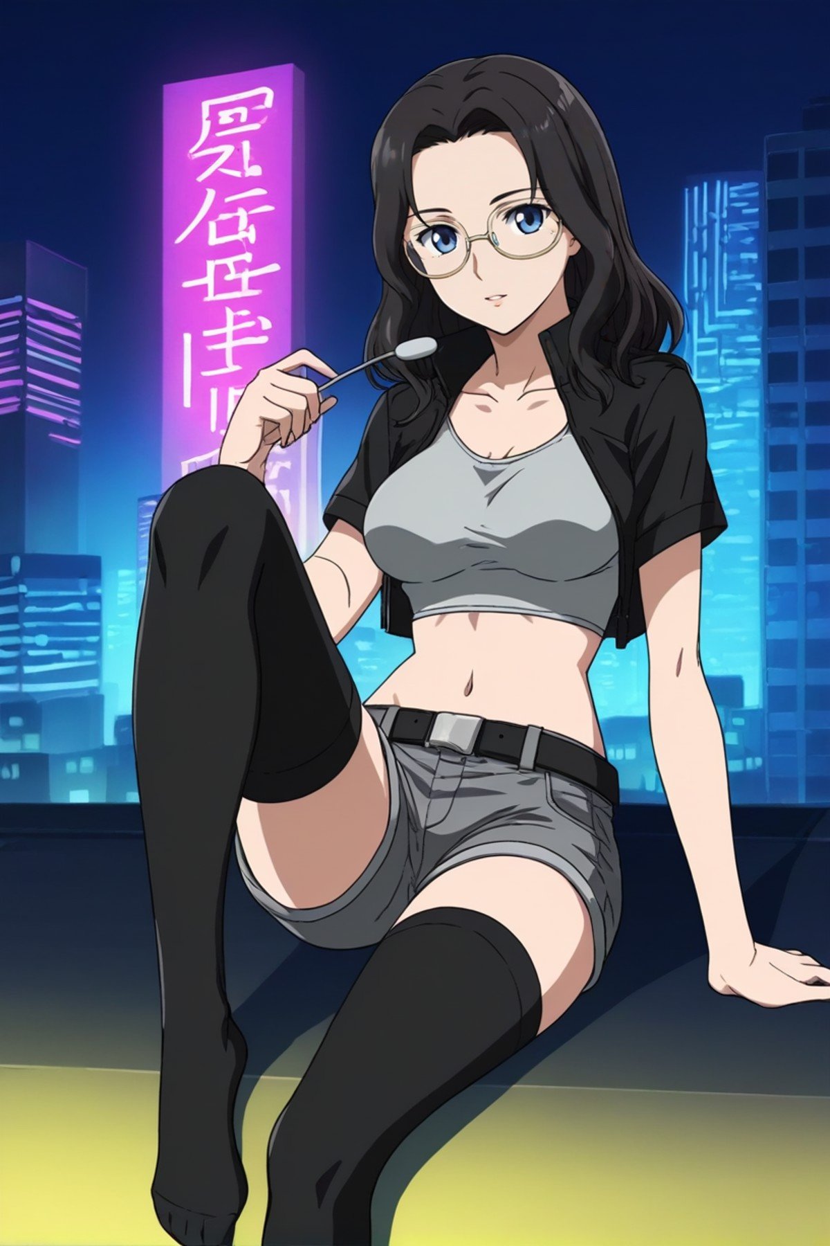 best quality,masterpiece,looking at viewer,absurdres,1girl,score_9,score_8_up,score_7_up,source_anime BREAK 1girl,belt,black belt,black jacket,black thighhighs,breasts,building,cityscape,closed mouth,collarbone,crop top,crop top overhang,cropped shirt,cyberpunk,cyborg,dancing,grey shirt,grey shorts,jacket,jacket on shoulders,knee up,leather,leather jacket,leg belt,legs,light,medium breasts,neon lights,night,no shoes,road,shirt,short sleeves,shorts,sitting,skyscraper,spoon,thighhighs,toes,,<lora:019-天上天下-葛葉真鱼XLV1:0.8>,kuzunoha mana,black hair,glasses,long hair,blue eyes,breasts,