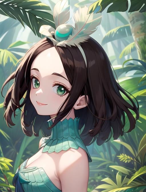 best quality, masterpiece, highres, detailed, digital artwork, <lora:Detail - add_detail:0.2>, AmaryllisDRS, gem, jade, dreadlock hair, thick hair, medium hair, green eyes, feather ornament, forehead, turquoise dress, close-up, mature woman, <lora:AmaryllisDRS-10:0.9>, jungle, smile