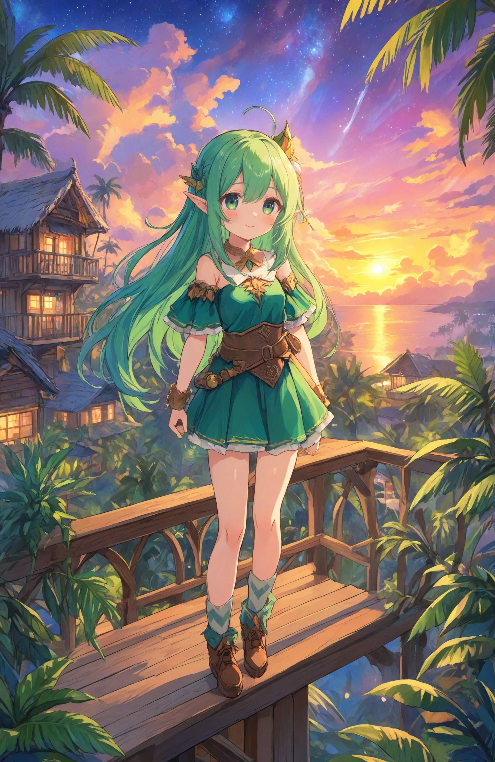 masterpiece,best quality,1girl,elf,standing,looking at viewer,night sky,colorful sunset,clouds,cloudy,coconut tree,foliage,potted plants,treehouse,balcony,green hair,long hair,