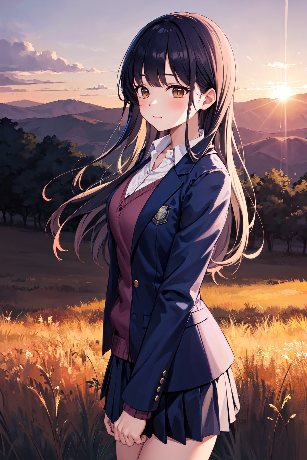 masterpiece, best quality, highres, aaanna, long hair, brown eyes, collarbone, collared shirt, purple sweater, blue jacket, blazer, open jacket, long sleeves, pleated skirt, blue skirt, miniskirt, <lora:yamada_anna_v1:0.7>, sunset, from side, looking at viewer, field,