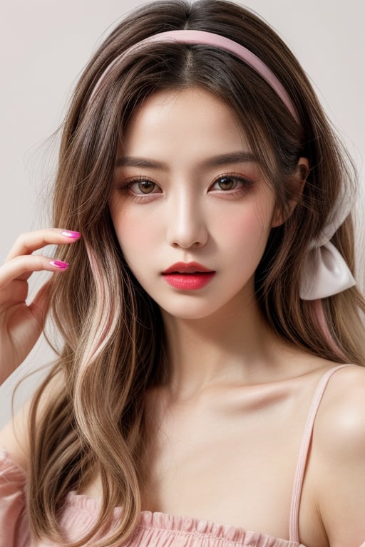 (fashion photography:1.3),(sweet:1.2),((nail polish, eyeliner, eyelashes, lipstick, makeup)),The girl has long,(wavy hair with a mix of pink and white colors:1.1),which gives off a soft and whimsical vibe. They are wearing what appears to be a light-colored,possibly pink,top with a ruffled neckline. The person is also adorned with accessories that include a headband with a bow and what looks like a feather or a decorative element on the side. The overall aesthetic is very cute and playful,with a focus on pastel colors and a fantasy-like quality. The background is simple and does not distract from the subject,which is the person's face and upper body,<lora:add_detail 3:1>,