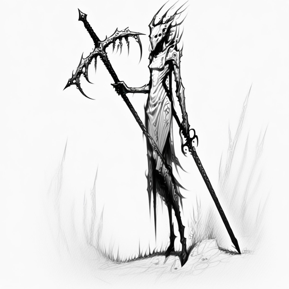 sketch, sharp teeth, fantasy, extra eyes, lineart, still life, greyscale, planted sword, teeth, holding, scythe