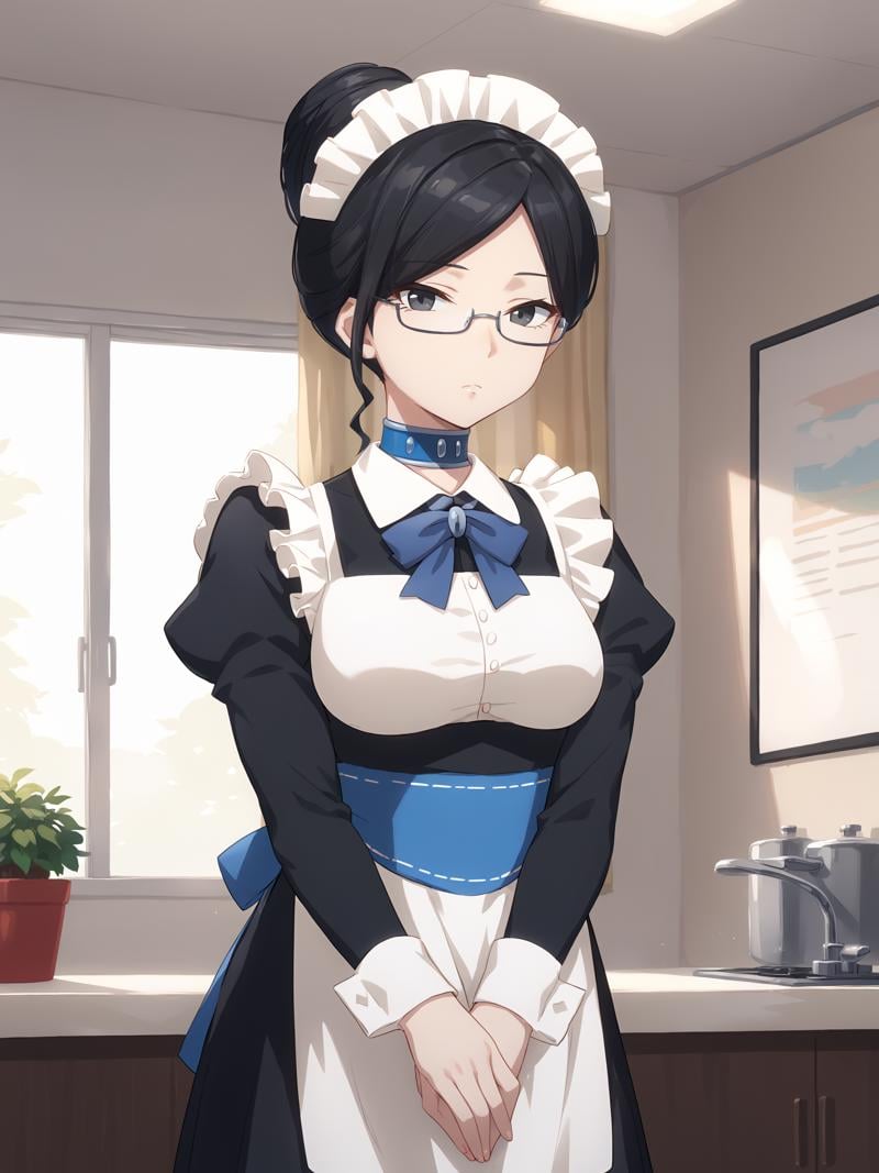 score_9, score_8_up, score_7_up, score_6_up, score_5_up, score_4_up, alpha_Black_white_maid_uniform, yurialpha, solo, medium_breasts, looking_at_viewer, closed_mouth, expressionless, white_maid_headdress, rimless_eyewear, blue_choker, blue_bowtie, puffy_long_sleeves, wrist_cuffs, blue_sash, white_maid_apron, long_maid_apron, blue_bow, back_bow, waist_bow, long_skirt, standing, own_hands_together, v_arms, indoors,  <lora:Alpha_V1SDXL:1>