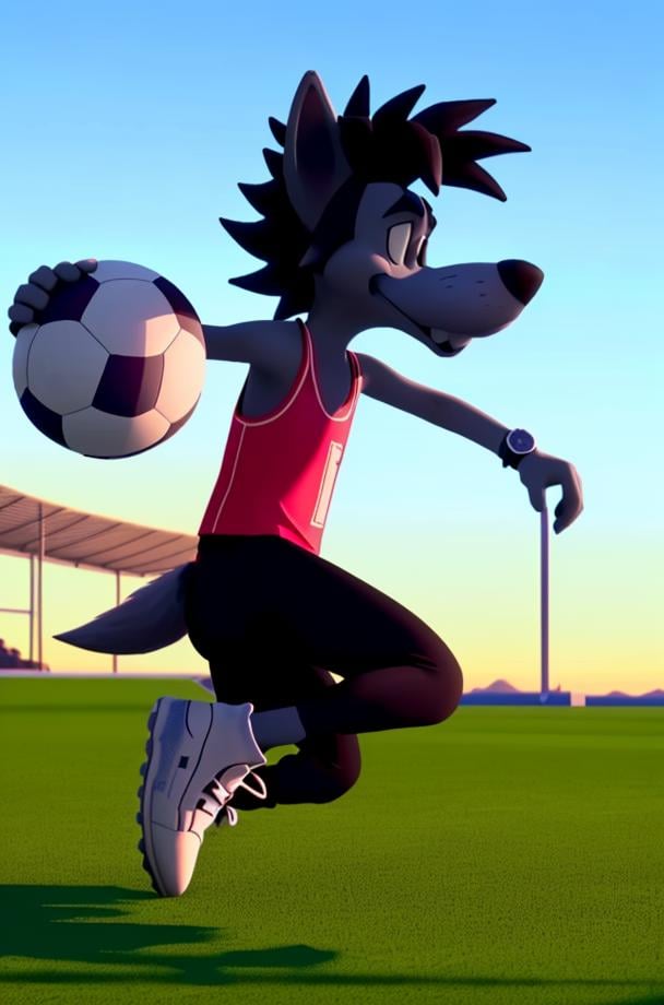 NuPogodiNewWolf, (outdoors, kicking a soccer ball), (tank top, watch, shoes, tail), (masterpiece:1.2), 3D, Unreal Engine Render, hires, ultra-high resolution, 8K, high quality, (sharp focus:1.2), clean, crisp, cinematic, <lora:Vlk-18:0.7>