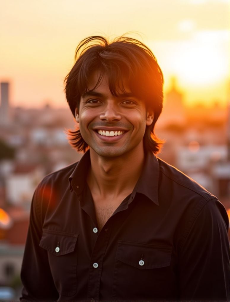 Neeraj Chopra ,  In the heart of a bustling city,  under the soft glow of a golden hour sunset by HottiesnHotties on Tenso...