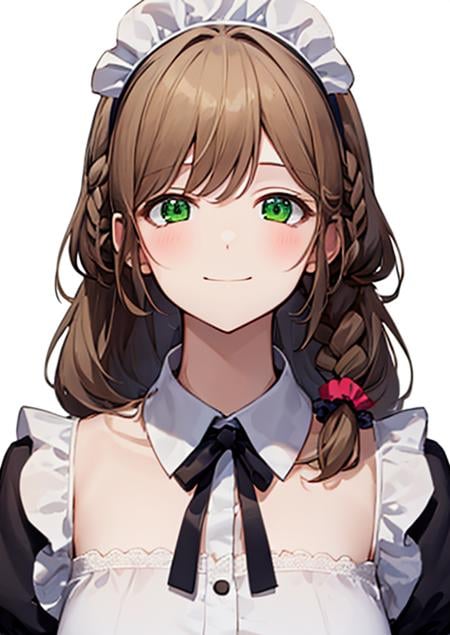 best quality, upper body, white background, portrait, from above, 1girl,  (solo:1.1),  <lora:loraH(DiffLoRA)_FaceShadowSwicher_v1_dim4:-3>(mature female:1.1),  (flaxen brown hair, single braid:1.1) , long hair, hair scrunchie, green eyes, small breasts, , maid, calm, silent smile, maid headdress, 