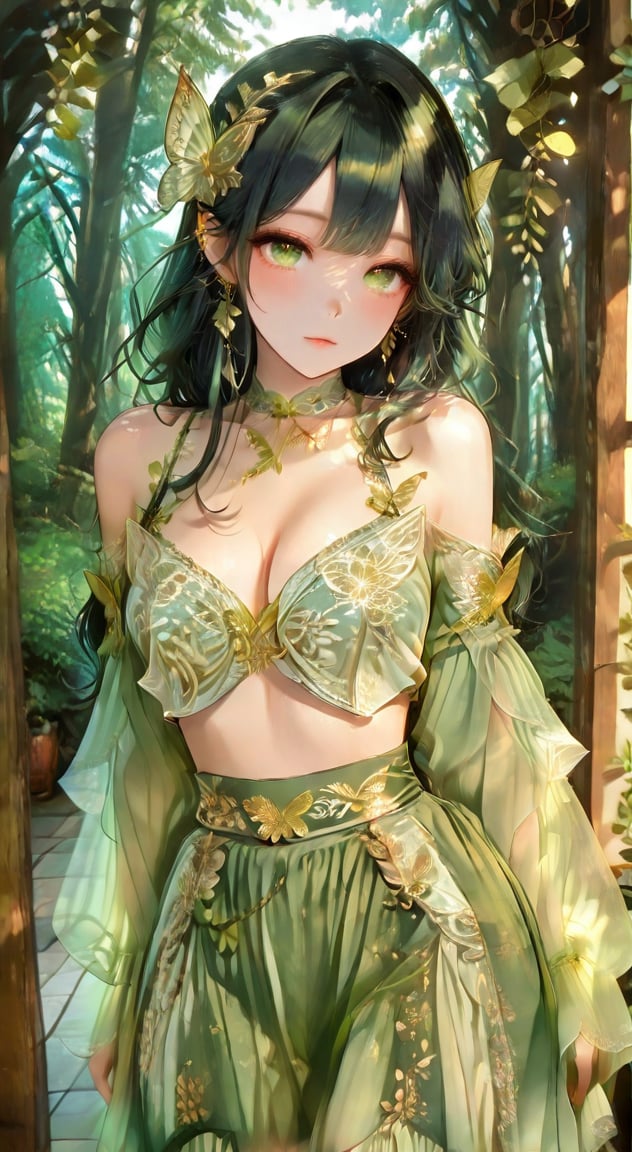 xg1,  two-piece forest fairy elf costume,  sage green cropped butterfly bustier top with intricate gold lace embroidery by...