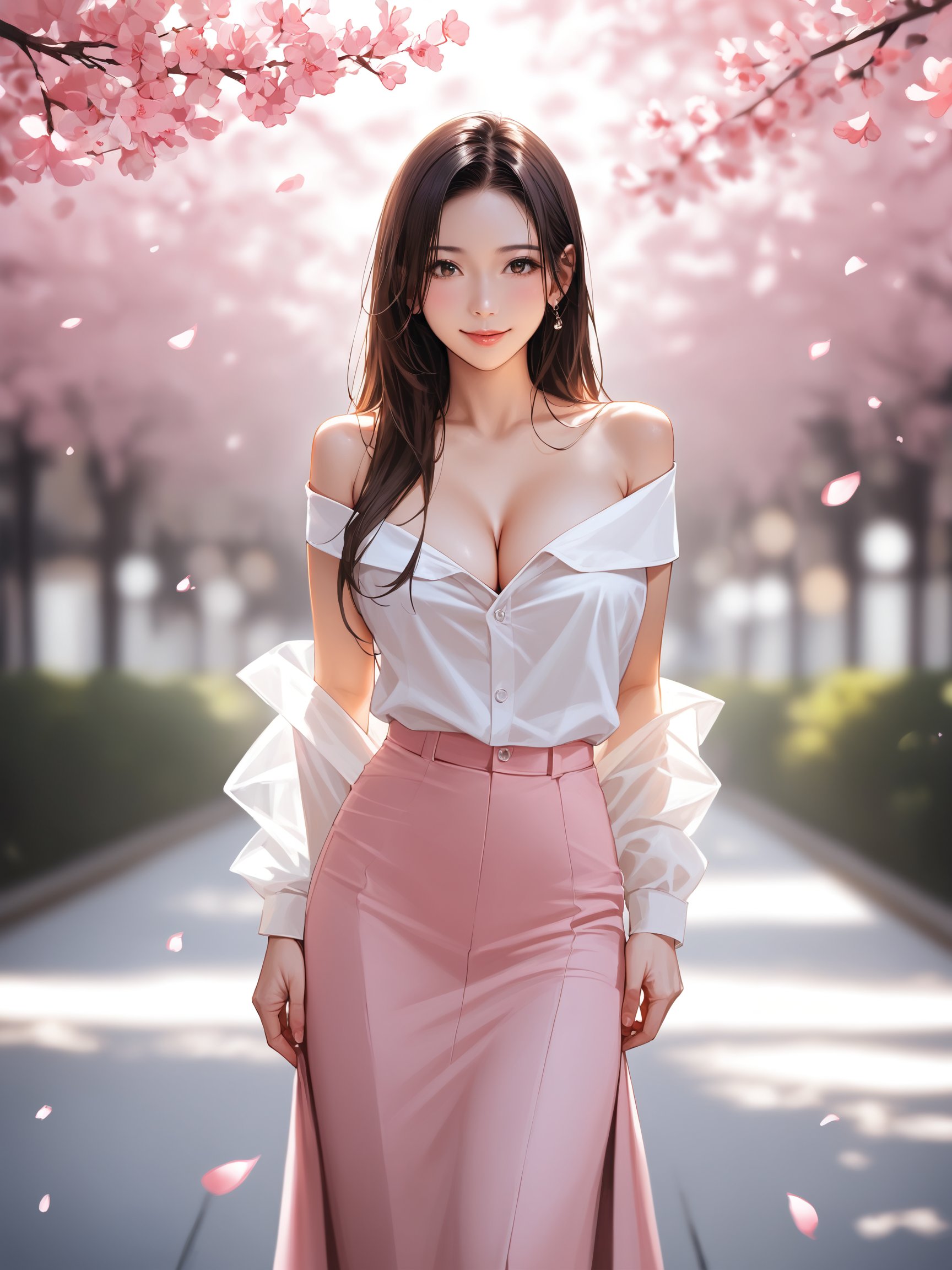 score_9, score_8_up, score_7_up, best quality, masterpiece, realistic, bohoai, raw photo of a woman in bohoai off-shoulder which often for ornate details, flowing long brown hair cascading over her shoulders,Agnes Cecile, shy smile face, eye level, cleavage, cherry blossom background, long skirt with bohoai symbol,middle distance shot taken by long range lens, professional photo, high key light, soft shadow, soft bokeh, professional photography, balanced contract, balanced exposure, 