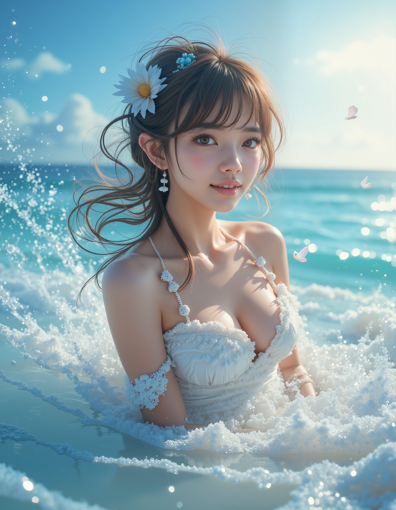 masterpieces, best quality, 1girl, upper body, sea beach, glow effect, detailed background, beautiful detailed water, beautiful detailed sky, beautiful detailed sea, detailed light, extremely delicate and beautiful girl, blue bubble, splash, wet body, fluttered detailed splashes, draped of fluttered fabric, fluttered detailed cloud, intricate detail, young girl, floating hair, flowers, sunlight, charming smile, surrounded by floating petal, glossy, raytracing, depth of field, detailed waves, reflective, crystalized, lens flare, looking at viewer, medium breasts, blushing, slim, medium buttock, detailed realistic shadow, sheen, shiny eyes, (fisheye lens)  <lora:hinaFluxAsianMixLora_v2-rev4:0.8>