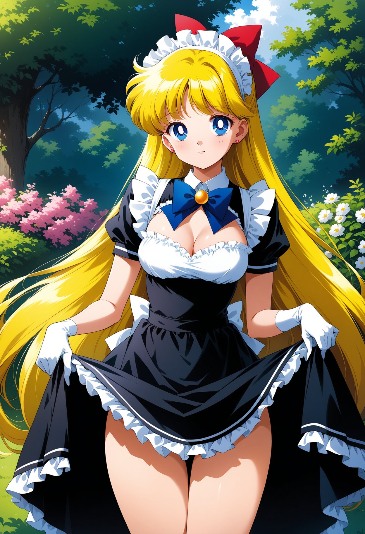 (masterpiece, best quality, very aesthetic, ultra detailed), intricate details, 4k, aavenus, long hair, blonde hair, hair bow, earrings, blue eyes, <lora:sailor_venus_animaginexl_v2:0.9>, maid, maid headdress, garden, standing, cowboy shot, skirt hold, cleavage cutout,