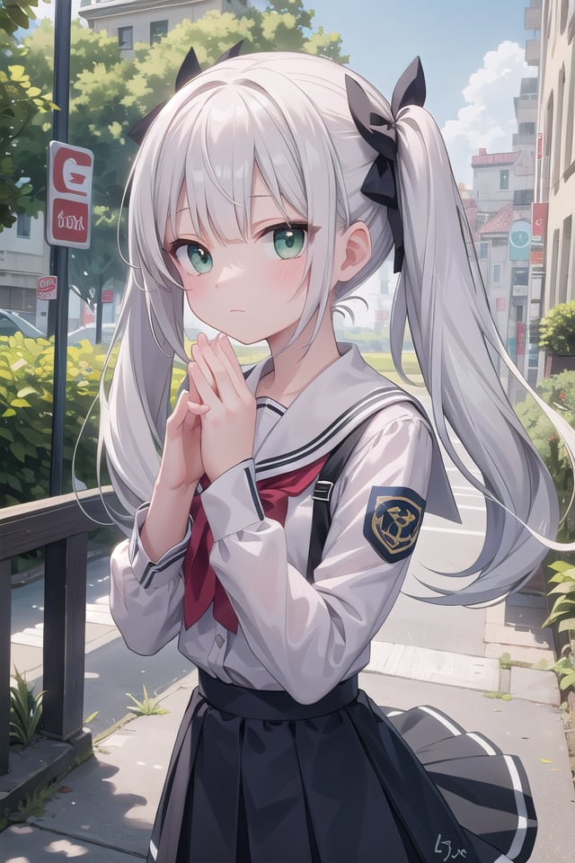 insanely detailed, absurdres, ultra-highres, ultra-detailed, best quality,1girl, solo, nice hands, perfect hands,BREAK,wearing summer school uniform,expressionless, closed mouth,standing,45 angle, cowboy shot, looking at viewer,BREAK,(tsurime:1.4),slender, kawaii, perfect symmetrical face, ultra cute girl, ultra cute face, ultra detailed eyes, ultra detailed hair, ultra cute, ultra beautiful,by Canon EOS, SIGMA Art Lens 35mm F1.4, ISO 200 Shutter Speed 2000,BREAK,in a park,silver hair, twintails, green eyes,