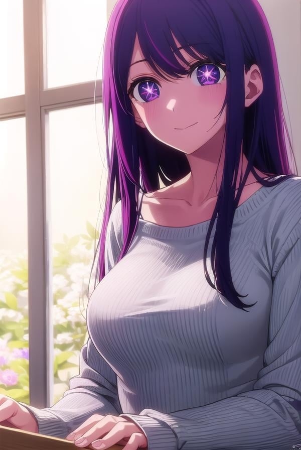 aihoshino, <lora:ai hoshino s1-lora-nochekaiser:1>,ai hoshino, long hair, bangs, (purple eyes:1.1), purple hair, (symbol-shaped pupils:1.5), smile,BREAK long sleeves, sweater, ribbed sweater, camisole, white camisole,BREAK indoors,BREAK looking at viewer, (cowboy shot:1.5),BREAK <lyco:GoodHands-beta2:1>, (masterpiece:1.2), best quality, high resolution, unity 8k wallpaper, (illustration:0.8), (beautiful detailed eyes:1.6), extremely detailed face, perfect lighting, extremely detailed CG, (perfect hands, perfect anatomy),