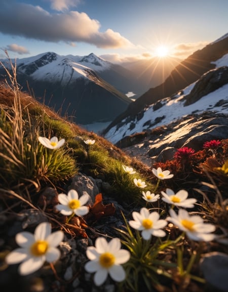 RAW Photography,Snow-capped mountains, flowers and moos, sunrise, sunrays, white clouds,lens flare, low wide angle,, (sharpness in detail:1.1), Canon EOS 5D Mark IV, masterpiece, 35mm photograph, (iconic photograph:1.4), (visual storytelling:1.2), film grain, award winning photography,vibrant use of light and shadow, vivid colors,high quality textures of materials, volumetric textures perfect composition, dynamic play of light, rich colors, epic shot, perfectly quality, natural textures,high detail, high sharpness, high clarity, detailed ,photoshadow, intricate details, 8k